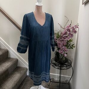 J. Jill 3/4 Sleeve Denim Embroidered Midi Dress